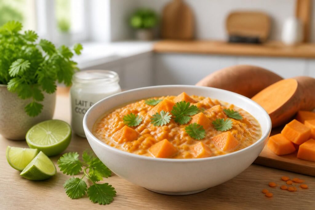 découvrez une recette saine et savoureuse de lentilles corail, patate douce et lait de coco, idéale pour un repas équilibré et réconfortant.