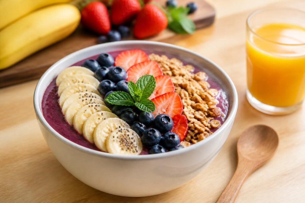 découvrez notre recette d'acai bowl, un petit-déjeuner vitaminé et équilibré, parfait pour bien commencer votre journée avec énergie et gourmandise.