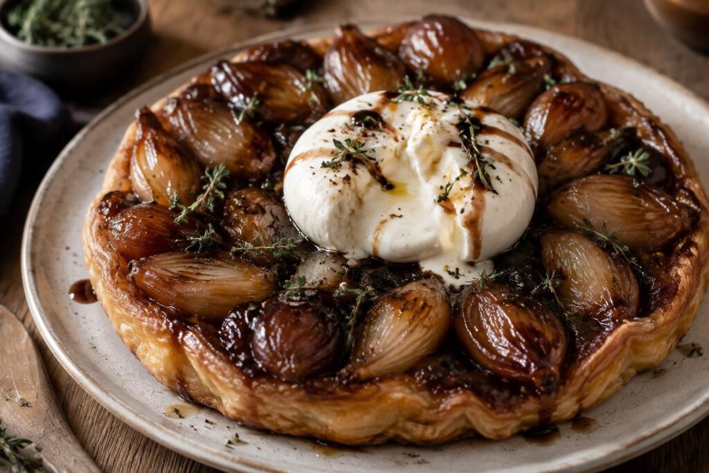 découvrez une recette originale de tarte tatin aux échalotes, délicieusement caramélisées au vinaigre balsamique, avec une option gourmande à la burrata.