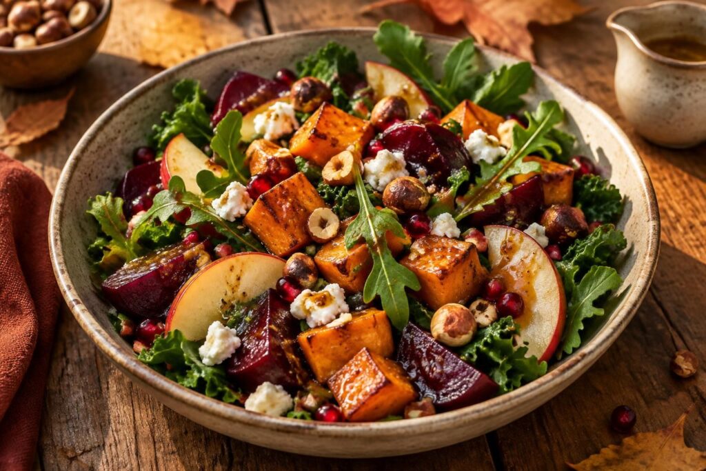 découvrez une salade automnale originale mêlant patate douce rôtie et légumes de saison pour un repas coloré, savoureux et réconfortant.